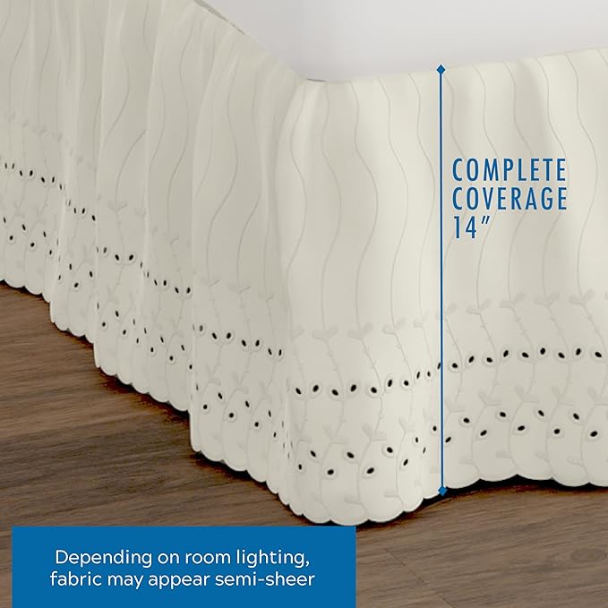 Fresh Ideas Eyelet Bed Skirt, Ruffled Design, 14 Inch Drop, Embroidered Scalloped Edge, Twin, Ivory