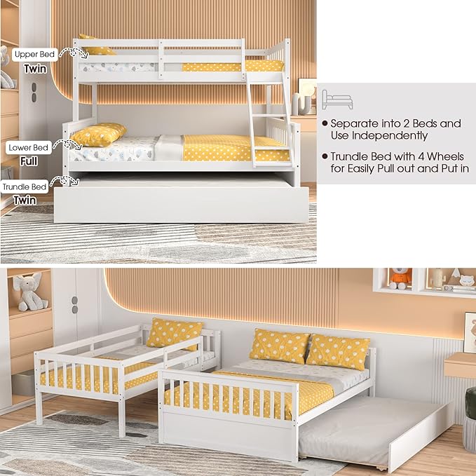 Giantex Twin Over Full Bunk Bed with Trundle, Convertible Platform Bed Frame with Ladder, Solid Wood Frame & Safety High Guardrails, Space-Saving Bunk Bed for Teens & Kids, No Box Spring Needed, White
