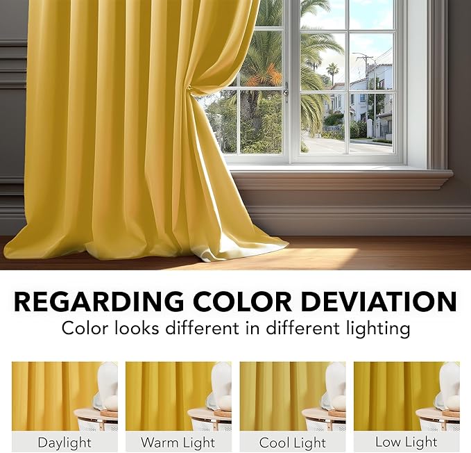 Deconovo Blackout Curtains for Bedroom Solid Room Darkening Rod Pocket and Back Tab Curtains 42Wx63L Inch Mellow Yellow 2 Panels