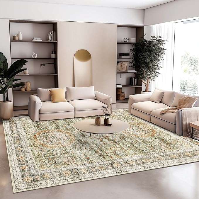 6x9 Area Rug for Living Room Washable 6x9 Non-Slip Modern Rugs for Bedroom Dinning Room Ultra-Thin Indoor Green Orange