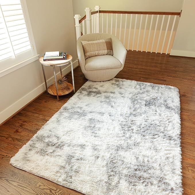 Ophanie Grey and White Area Rugs for Living Room 5x7, Fluffy Shag Large Fuzzy Plush Soft Carpets, Floor Shaggy Rugs for Bedroom, Carpet for Kids Boys Girls Dorm Nursery Home Decor Aesthetic