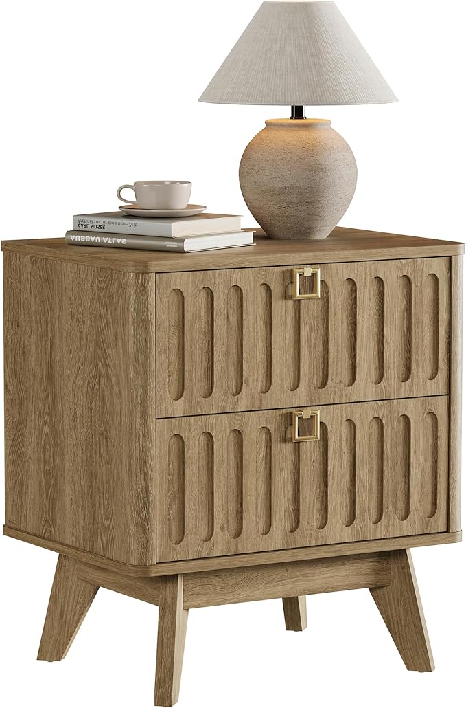 SICOTAS Modern Fluted Nightstand with 2 Drawers, 21" Wide Wood Bedside Table with Gold Handle, Mid-Century End Table for Bedroom, Apartment
