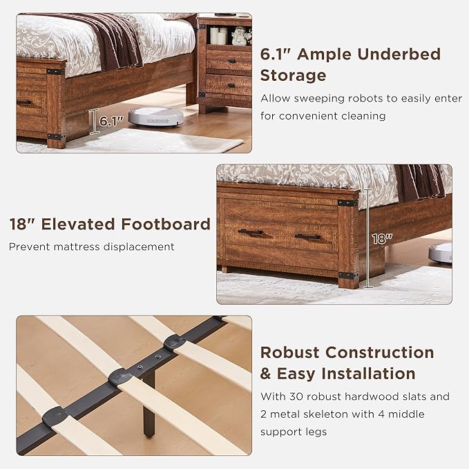 T4TREAM Farmhouse King Size Bed Frame with 54" Tall Geometric Headboard & 2 Large Storage Drawers, Rustic Wood Platform Bed with Wood Slats Support, No Box Spring Needed, Reclaimed Barnwood