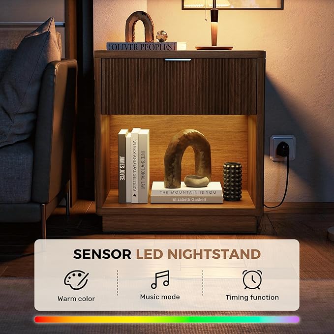 Miereirl Fluted Nightstands with Charging Station, LED Nightstand with Rounded Edge, Walnut-CP-1