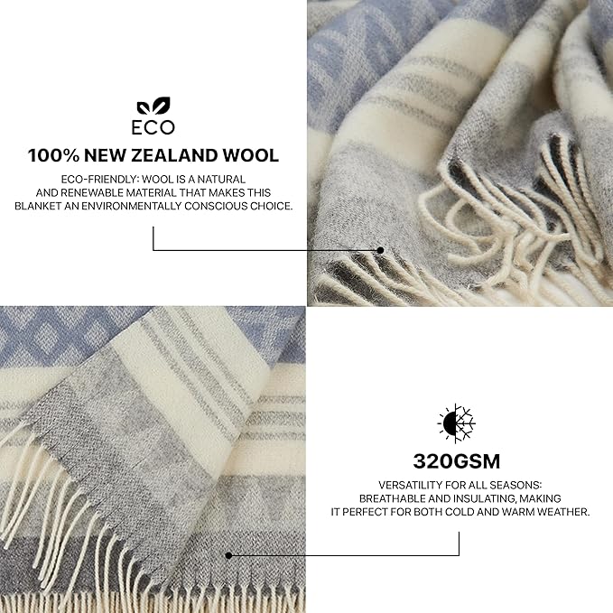 | Wool Blanket/Throw | 100% New Zealand Wool | Perfect for Home and Outdoors | Virgin Wool Throw with Fringes 67"x79" (170 x 200 cm)