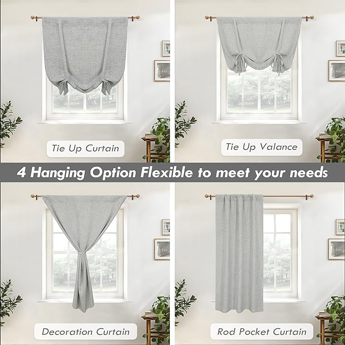 DriftAway Double Layer Linen Blackout Tie Up Curtains Thermal Insulated Fully Lined Balloon Roman Shade Bathroom Window Adjustable Rod Pocket for Small Window 31 Inch by 47 Inch Gray