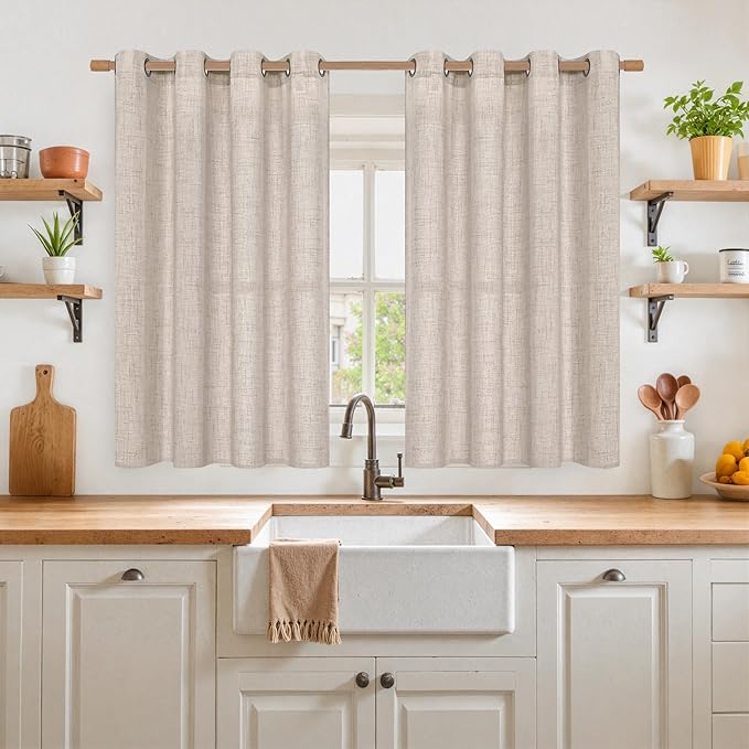 YoungsTex Natural Linen Curtains 45 Inch Length for Short Window Linen Textured Curtains with Bronze Grommet Light Filtering Drapes for Kitchen Small Window, 2 Panels, 52 X 45 Inch