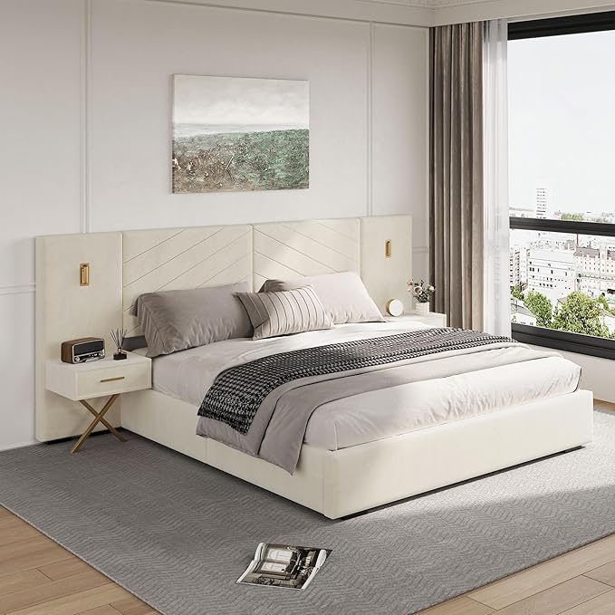 DEINPPA Luxury King Bed Frame with Built-in Gold LED Lights and Nightstands, King Size Platform Bed with Oversize Upholstered Headboard, No Box Spring Needed-Beige