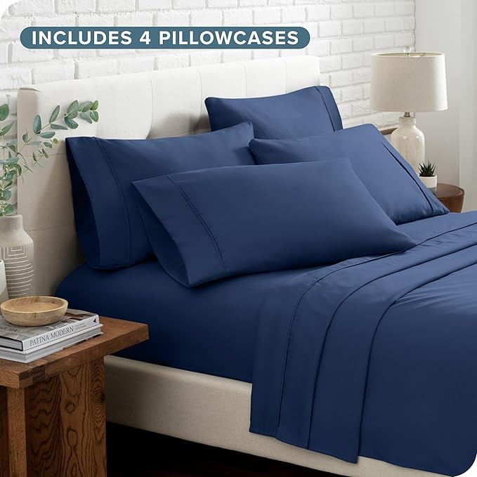 Bare Home Hotel Luxury Cal King Sheet Set, Extra Soft, 6 Piece Set, Deep Pockets, Easy Fit, Cooling & Breathable, Wrinkle, Fade, Stain Resistant, Includes 4 Pillowcases (California King, Dark Blue)