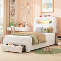 Twin LED Bed Frame with Storage Headboard & Charging Station, Kids Bed Frames with Bookcase, Teddy Fleece Upholstered Platform Bed Frames with 1 Storage Drawer, No Box Spring Needed, Beige