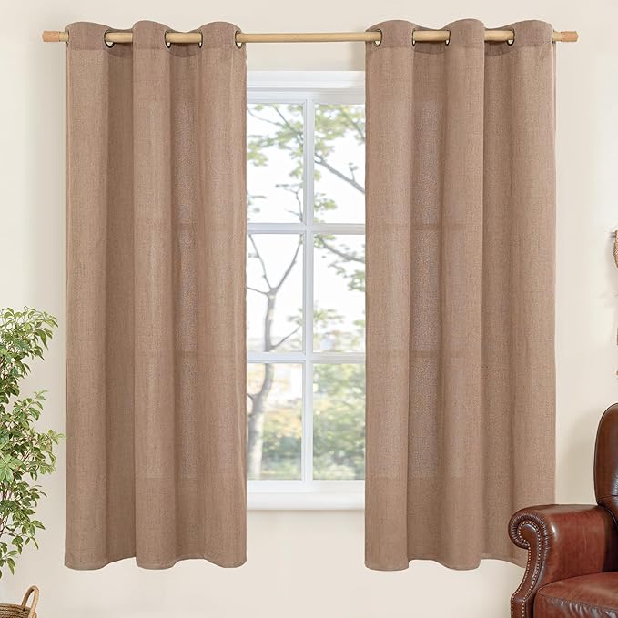 YoungsTex Mocha Brown Linen Curtains 63 Inch Length for Living Room Window, Light Filtering Drapes with Grommet Semi Sheer Rustic for Office Bedroom, 2 Panels, 42 X 63 Inch