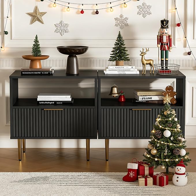 Nightstand with Drawer, End Table with Storage, Bed Side Table with Open Space for Bedroom, Modern Nightstand with Golden Handle, Side Night Stand for Bedroom, Living Room, Black