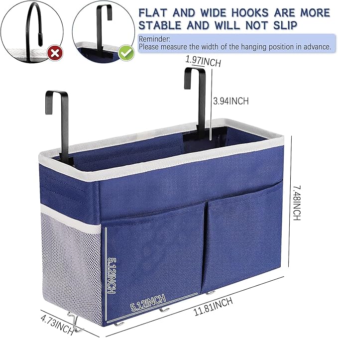 Bedside Storage Organizer 5 Pockets with 4 Hooks Hanging Storage Bag for Headboards/Bunk Bed (2Pack Dark Blue)