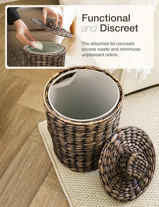 2 Gallons Wicker Waste Basket - Water Hyacinth Bathroom Trash Can - Garbage Can with Lid Boho Style - Wicker Trash Can with Lid for Bedroom, Kitchen - Removable Liner, Handwoven (Black Color)