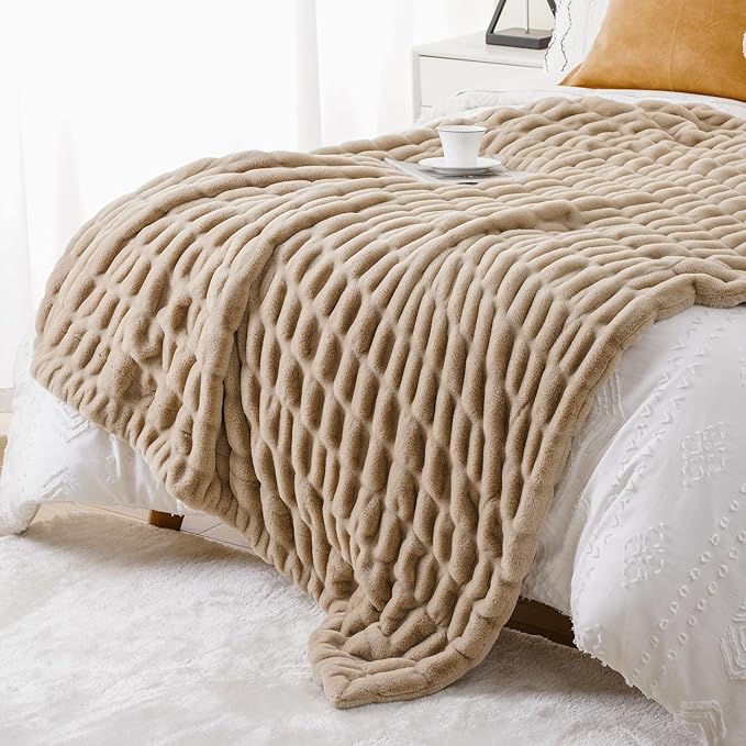 BATTILO HOME Luxury Faux Fur Throw Blanket for Couch, Cozy Plush Soft Blanket for Women, Double Side Ruched Rabbit Fur Blanket for Living Room, 50x60 Inches