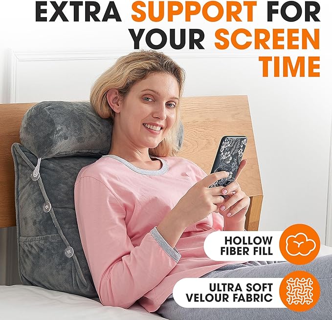 Cheer Collection Reading Wedge Pillow - Adjustable Wedge Reading Pillow with Neck Support, Hollow Fiber-Filled Backrest Pillow for Reading, Gaming, and TV Watching, Gray