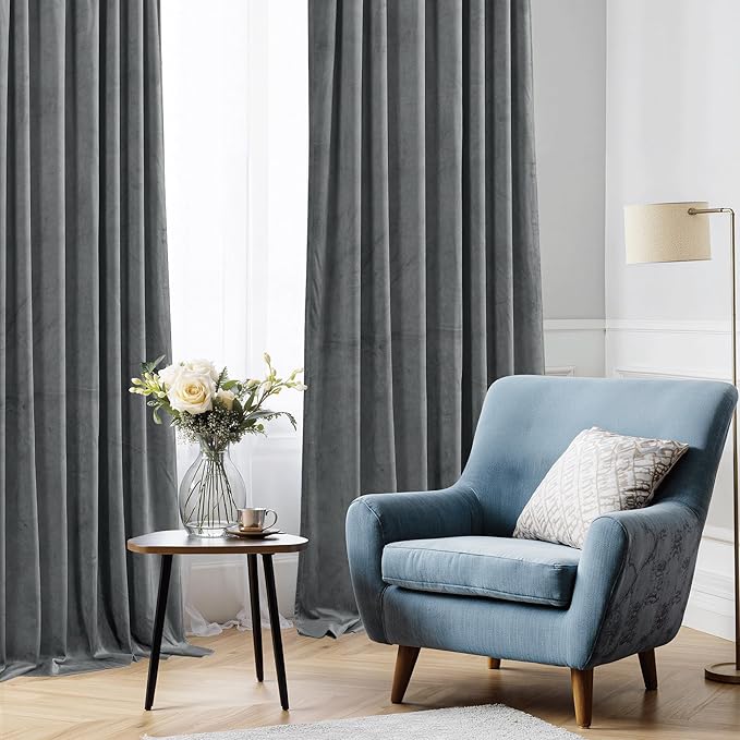StangH Grey Velvet Curtains 96 inches Long Room Darkening Window Drapes for Living/Dining Room, Solid Rod Pocket Panels for French Door/Cottage, W52 x L96, 2 Panels