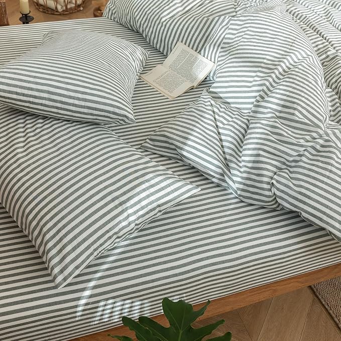 MooMee Striped Duvet Cover Set 100% Washed Cotton Linen Like Textured Breathable Durable Soft Comfy (Heathered Green Classic Stripes, Oversized Full 82"x86")