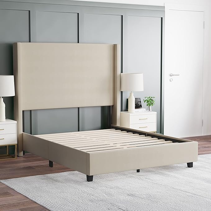 EMMA + OLIVER Nora Full Size Faux Linen Upholstered Platform Bed with Plush Padded Wingback Headboard (No Box Spring Needed), Modern Upholstered Headboard Full Bed Frame, Beige