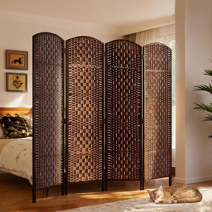 HOMCOM Room Divider, 4 Panel Folding Privacy Screen, 6FT Tall Portable Wicker Weave Partition Wall Divider for Bedroom, Home Office, Brown