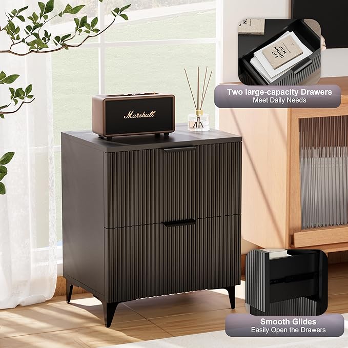 Royal Windsor Small Fluted Nightstand Set of 2 with 2 Drawers, Side End Table, Small Accent Storage Cabinet, Modern Night Stand Bedside Table for Bedroom Full Size Bed, Black