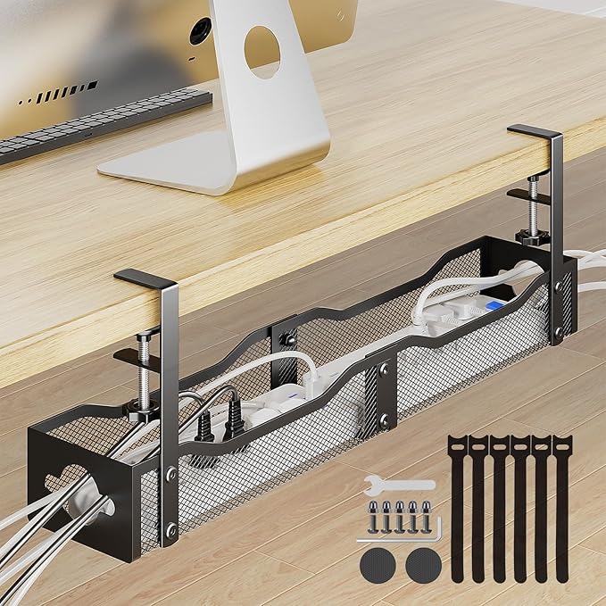 DELAMU 25'' Upgraded Cord Management, No Dill Under Desk Cable Tray with F-Clamp, Metal Cable Management Tray to Under Desk Organizer for Home Office, 1 Pack, Black