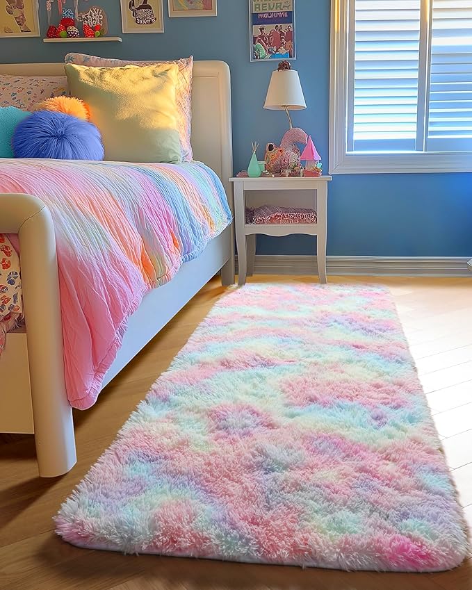 PAGISOFE Machine Washable Rainbow Runner Rugs for Girls Bedroom Hallway Plush Fluffy Rug 2x6 Ft, Soft Carpet for Living Room, Non-Slip Indoor Floor Rugs for Nursery Kids Girls Room Home Decor