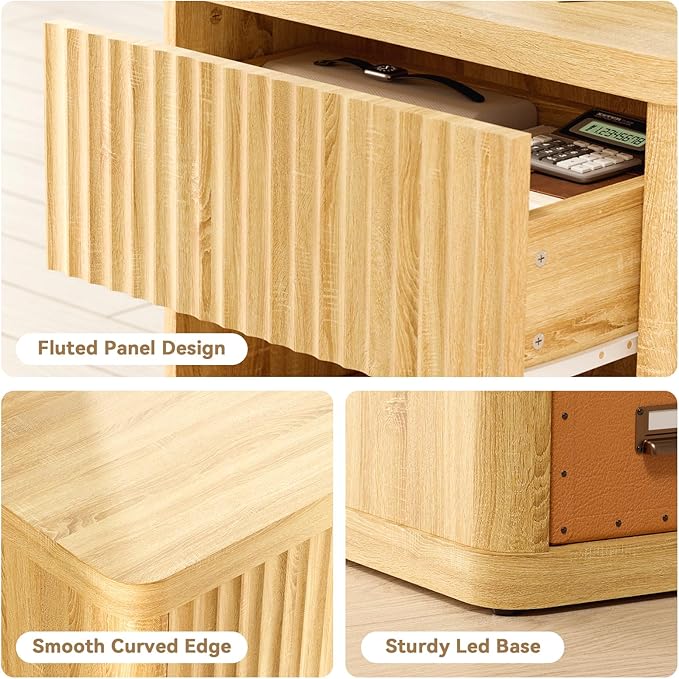 CMFYDAILY Fluted Night Stand Set 2, Large Wood Bedside Table Set of 2 Nightstands Set of 2 with Drawer and Storage Shelf for Bedroom, Small Spaces