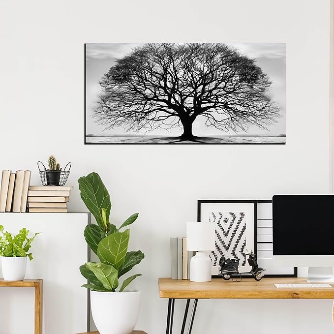 Prepeyssee Tree of Life Wall Art Large Artwork Black and White Wall Art Modern Landscape Nature Canvas Prints Decor for Living Room Bedroom Office Ready to Hang 24"x48"
