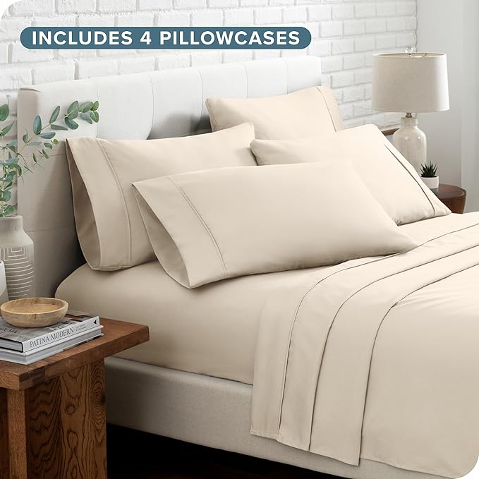 Bare Home Hotel Luxury Full XL Sheet Set, Extra Soft - 6 Piece Set - Deep Pockets - Easy Fit - Cooling & Breathable - Wrinkle, Fade, Stain Resistant - Includes 4 Pillowcases (Full XL, Sand)