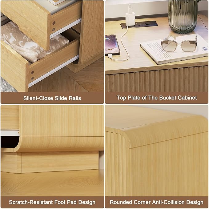 6 Drawer Dresser and 2 Nightstand Sets for Bedroom 3 Pcs Bedroom Set, Modern 47.2" Fluted Dresser with Invisible Handles Nightstand Charging Station, Bedroom Furniture Set for Living Room, Natural