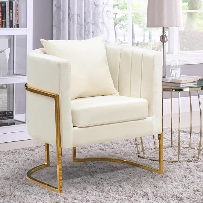 Velvet Modern Accent Chair, Upholstered Barrel Armchair Mid Century with Pillow for Living Room, Comfy Single Vanity Chair with Metal Gold Legs for Bedroom, White