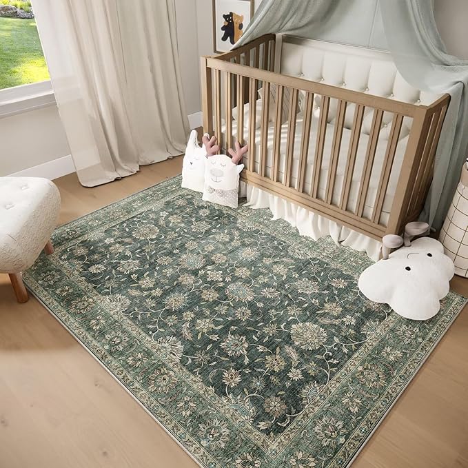 Washable 3x5 Entryway Rug, Boho Non-Slip Vintage Distress Small Rugs for Kitchen Nursery Office Bedroom, 0.3" Neutral Oriental Throw Thin Carpet with Cushioning Pad, Sage Green/Blue/Multi
