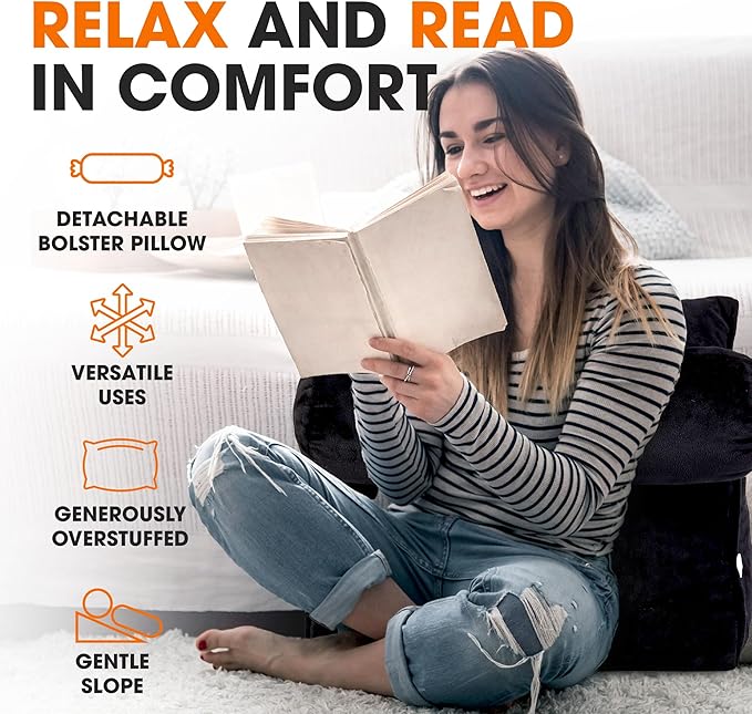 Cheer Collection Reading Wedge Pillow - Adjustable Wedge Reading Pillow with Neck Support, Hollow Fiber-Filled Backrest Pillow for Reading, Gaming, and TV Watching, Black
