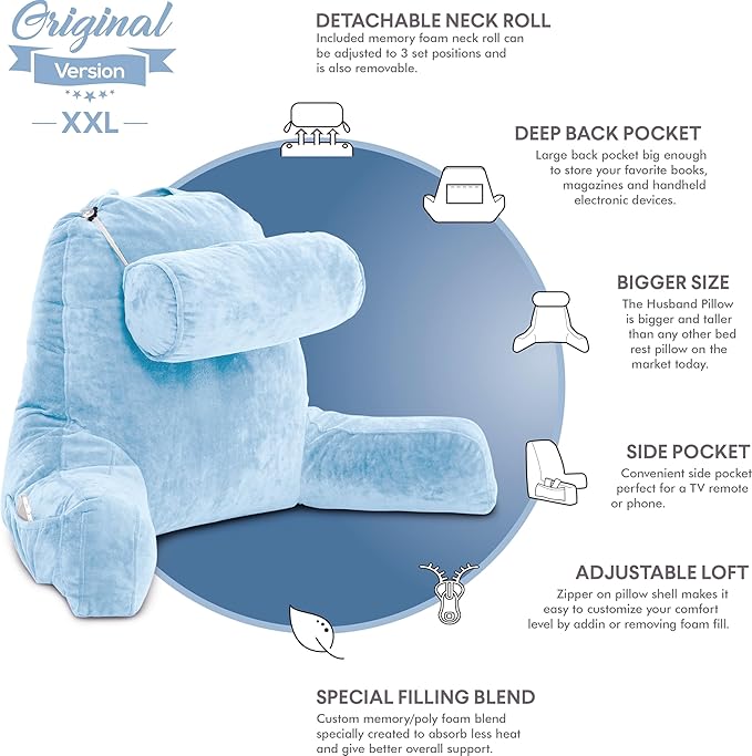 Husband Pillow XXL – Reading Pillow Bed Chair with Arms & Back Support – Sky Blue - Back Pillow for Beds Sitting Up – Bed Rest Arm Pillow – Comfy Reading Pillow for Adults