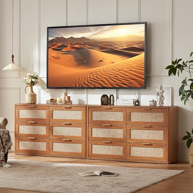 LEYAOYAO Rattan Dresser and Nightstand Set of 2, Boho Wood Dresser for Bedroom with 6 Drawers and Night Stand with 3 Drawer, Bedroom Furniture, Dressers & Chests of Drawers, Living Room, Hallway