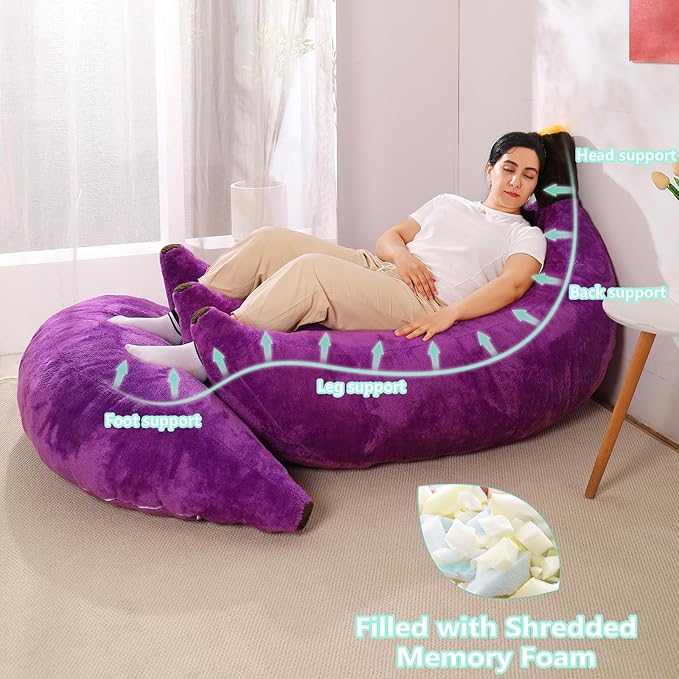 Banana Bean Bag Chair with Ottoman, Floor Sofa Bed with Footrest, Comfy Convertible Lounger for Adults, Plush Couch for Bedroom, Living Room or Dorm, L-Violet