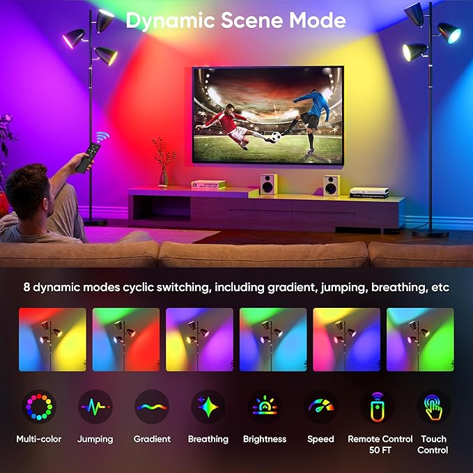 QiMH LED Floor Lamp for Living Room, 36W Modern Standing Lamp with 3 Lights, Tree Floor Lamp for Bedroom with 4 Colors Changing& RGB Mode, Remote and Touch Control Stepless Dimmable Tall Lamp, Black