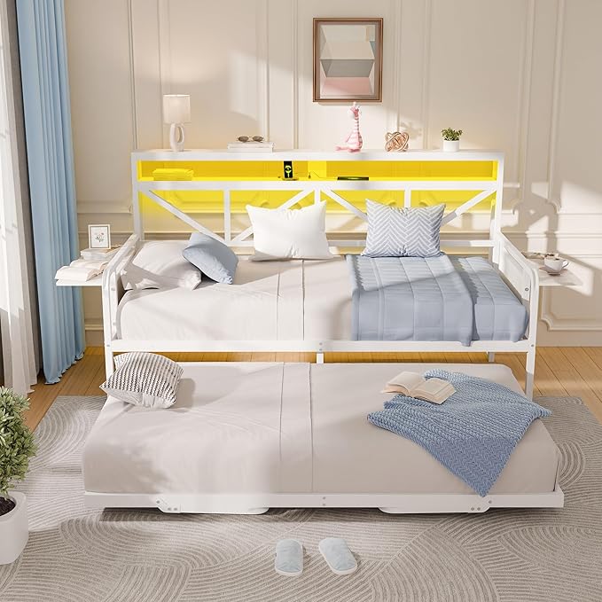 Daybed with Trundle, Heavy Duty Metal Twin Bed Frame with LED Lights & 2-Tier Storage Shelves, Sofa Day Bed with Charging Station & Tabletop for Living Room, Bedroom, Guest Room (White)