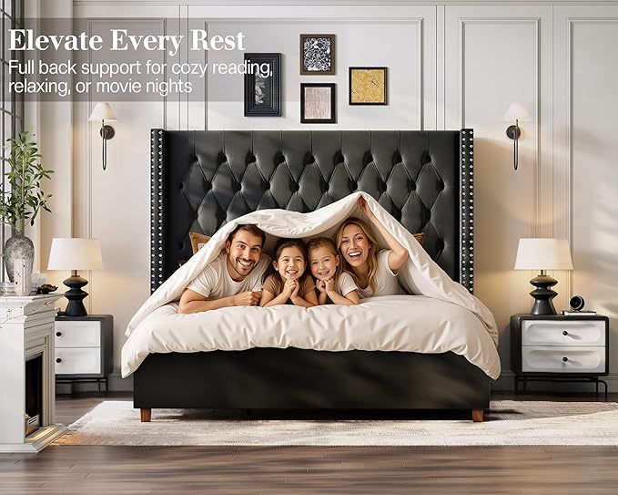Jocisland King Size Bed Frame with 61.4" Tall Headboard, Velvet Upholstered Wingback Platform Design, Handcrafted Pleats& Deep Button Tufted, Solid Wood Legs, No Box Spring Needed, Black