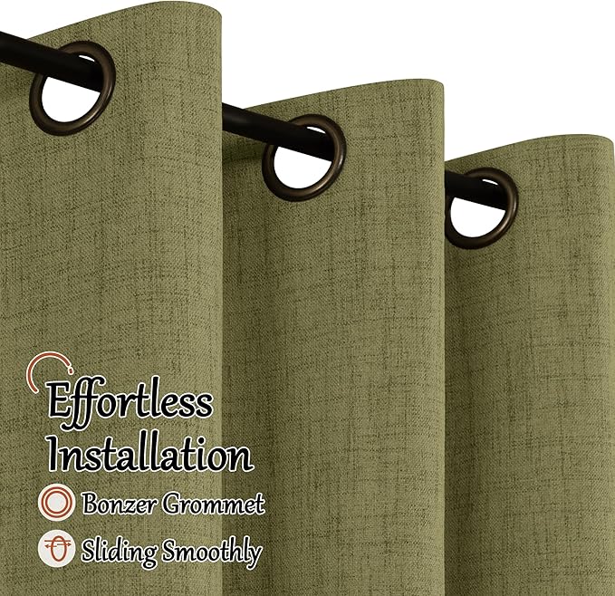 Olive Green 100% Linen Blackout Curtains for Living Room 63 Inch Long 2 Panels, Thermal Insulated Noise Reducing Window Total Black Out Curtains for Bedroom, Each 52x63 Inch 2 Panels