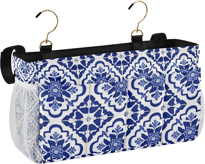 Bedside Caddy Hanging Bunk Bed Caddy Bed Organizer Hanging Pocket with 2 Hooks Bedside Storage Organizer Pocket Bag Holder Floral Blue and White Geometric