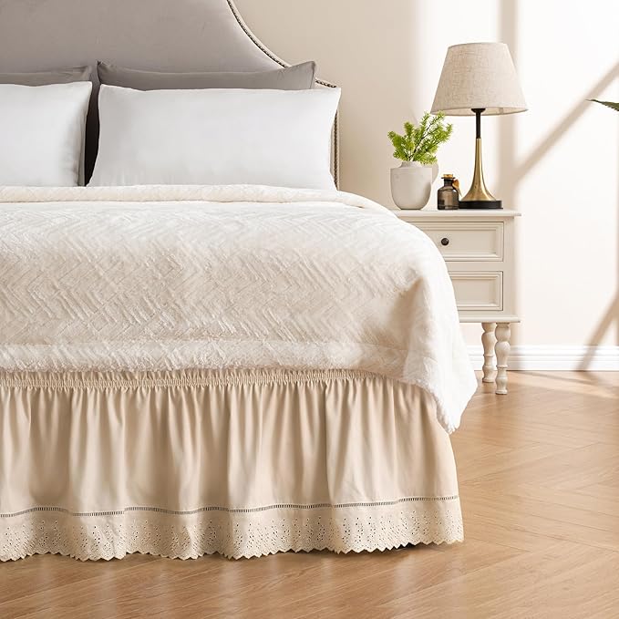 MIYE Wrap Around Ruffled Lace Bed Skirt, Elastic Dust Ruffle with Adjustable Belts, Easy to Put On, Bed Frame Cover, Machine Washable (Embroidered/Beige, King/Queen-18 Drop)