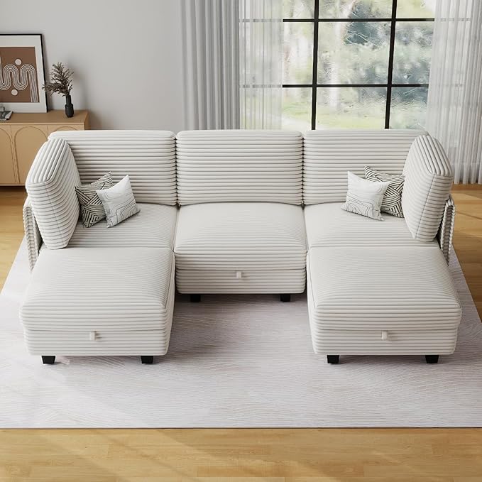 Modular Sectional Sofa with Adjustable Backrest,Large Convertible L/U-Shaped Sleeper Couch for Living Room,Cloud Sofa Bed Modern Reversible Design,White