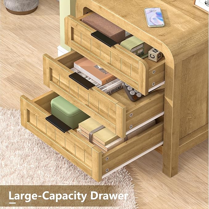 IKENO Wood Nightstand with 3 Storage Drawer, 21" Wide Night Stand with Curved Profile Design, Bedside End Table for Bedroom, Living Room, Closet (1, Natural Oak, 3 Drawer)