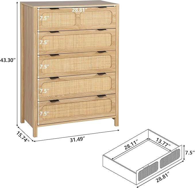 LEVNARY 5 Drawer Chest Dresser, Rattan Tall Dresser 5 Chest of Drawers Dressers for Bedroom, Wooden Storage Cane Cabinet with Metal Handles for Living Room Hallway (Natural)