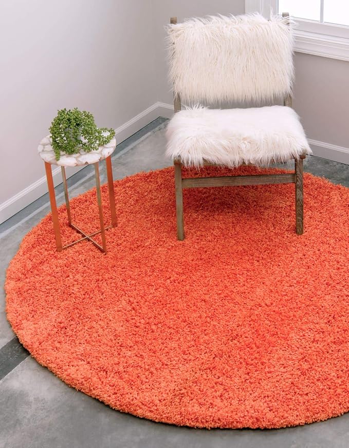 Unique Loom Solid Shag Collection Area Rug (6' 1" Round, Tiger Orange)
