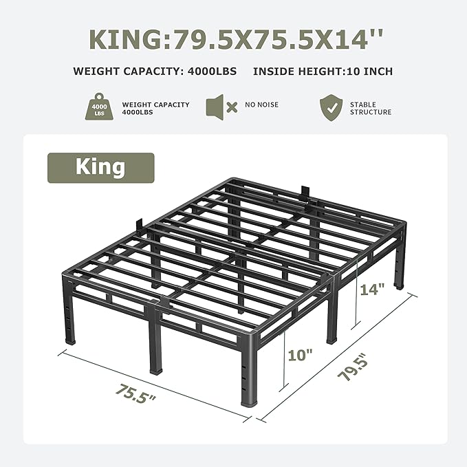 NKZ King Size Bed Frame 14 Inch, Metal Bed Frame & Box Spring 2 in 1 Platform with Round Corner Legs, 4000lbs Weight Capacity Reinforced Metal Frame, Headboard Hole, Noise-Free, Easy Assembly