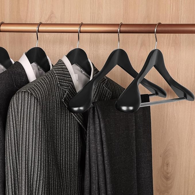 TOPIA HANGER Wide Shoulder Wooden Hangers, Suit Hangers with Non Slip Pants Bar & 360° Swivel Hook, Solid Wood Heavy Duty Coat Hanger, 10 Pack (Matte Black)-CT02B-10