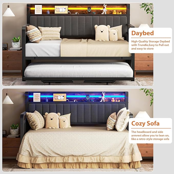 Daybed with Trundle and LED Light, Heavy Duty Metal Twin Bed Frame with Upholstered Storage Headboard & Charging Station, Day Bed Pop Up Trundle Bed Twin for Living Room,Bedroom and Guest Room, Brown